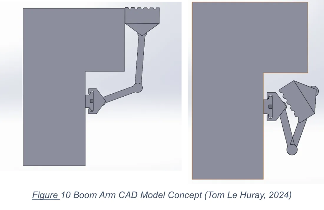 SOLIDWORKS CAD model of the boom-arm concept in extended and retracted positions