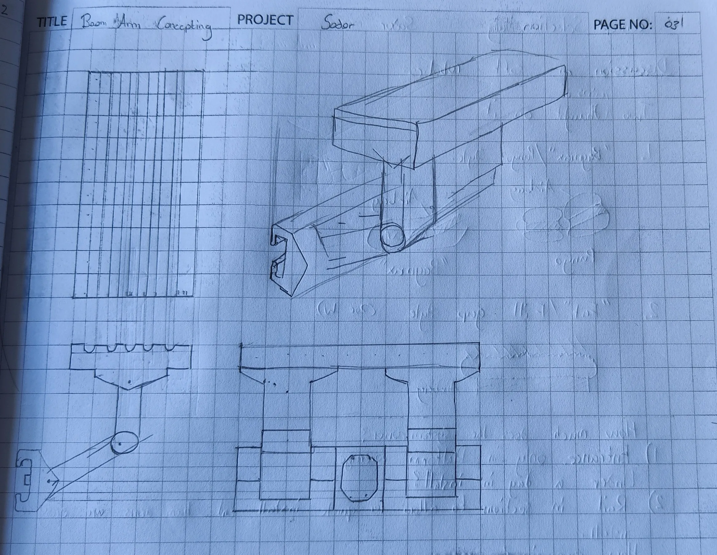 Detailed engineering sketches of the articulated boom-arm design